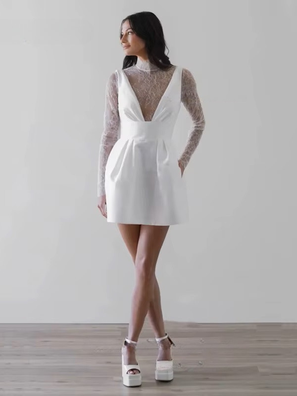 Customized Simple Mini Satin Lace Wedding Dress Pleat Long Sleeves Sexy High Neck Illusion With Button Short Wedding Gown 2025 1 Customized Simple Mini Satin Lace Wedding Dress Pleat Long Sleeves Sexy High Neck Illusion With Button Short Wedding Gown 2025