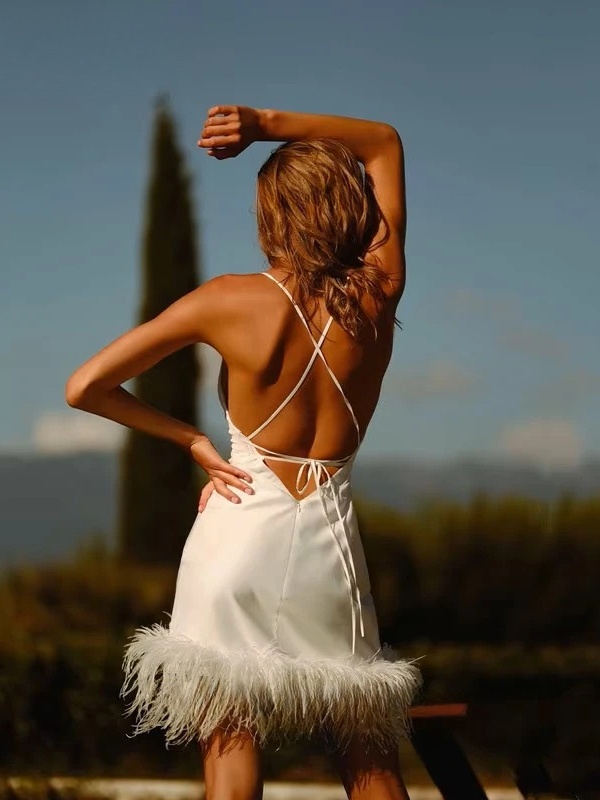 Vintage 2-Piece Lace Wedding Dress Simple Long Lantern Sleeves Mini Bride Dress Sexy V-Neck Backless Pleated Feathers Customized 2 Vintage 2-Piece Lace Wedding Dress Simple Long Lantern Sleeves Mini Bride Dress Sexy V-Neck Backless Pleated Feathers Customized - Bild 2