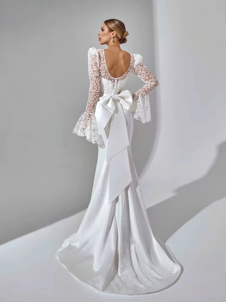 SoDigne Mermaid Satin Bride Dresses Appliques Full Sleeves Wedding Dress Long Bridal Gowns with Bow Robe De Mairee Customized 3 SoDigne Mermaid Satin Bride Dresses Appliques Full Sleeves Wedding Dress Long Bridal Gowns with Bow Robe De Mairee Customized - Bild 3
