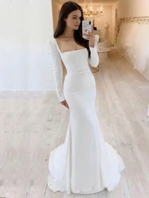 Alternative view of SoDigne Elegant Wedding Dress Mermaid Square Neckline Long Sleeves Backless Satin Bridal Dress Brides Gowns For Women