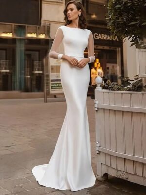 Elegant Long Sleeve Wedding Dress 2025 Mermaid Open Back Satin Backless O-Neck Bridal Gown Lace Up Vestido De Novia Customized
