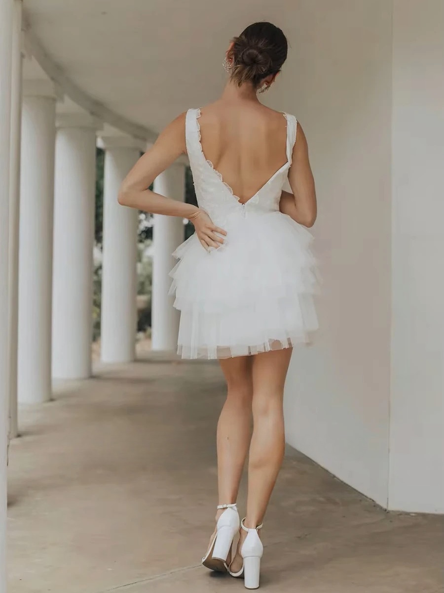 SoDigne Short Tulle Wedding Dresses V-neck Sleeveless Appliques Tiered Bridal Dress 2025 Mini A-line Customized Bride Gown 2 SoDigne Short Tulle Wedding Dresses V-neck Sleeveless Appliques Tiered Bridal Dress 2025 Mini A-line Customized Bride Gown - Bild 2