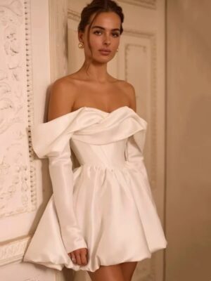 Alternative view of Simple Short A-Line Ivory Wedding Dresses Elegant Mini Long Sleeves Strapless Wedding Gowns For Bride Sexy Backless Customized