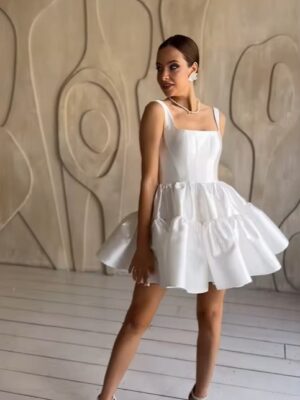 SoDigne Simple Short Wedding Dresses A-line Square Collar Bride Dress Mini Satin Bridal Gown Vestido De Noiva Customized