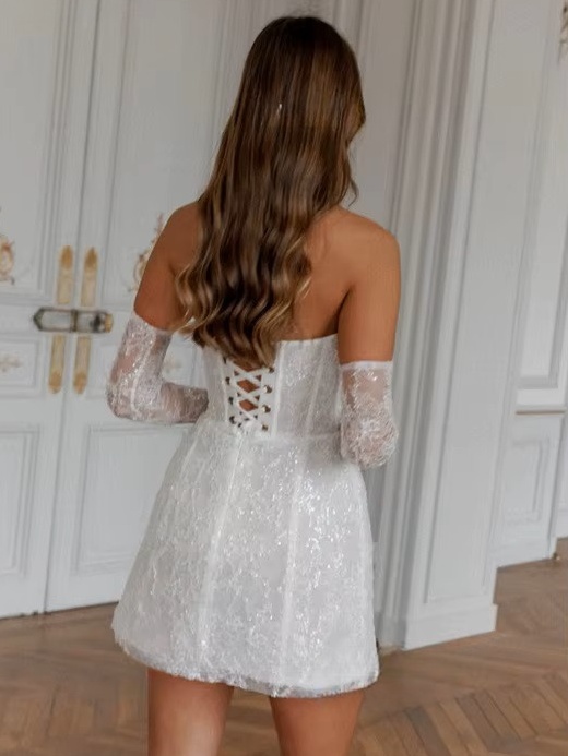 Simple A-Line Mini White Wedding Dress Sexy Strapless Formal Pleat Shiny Sequined Sleeveless Vintage Backless Short Customized 3 Simple A-Line Mini White Wedding Dress Sexy Strapless Formal Pleat Shiny Sequined Sleeveless Vintage Backless Short Customized - Bild 3