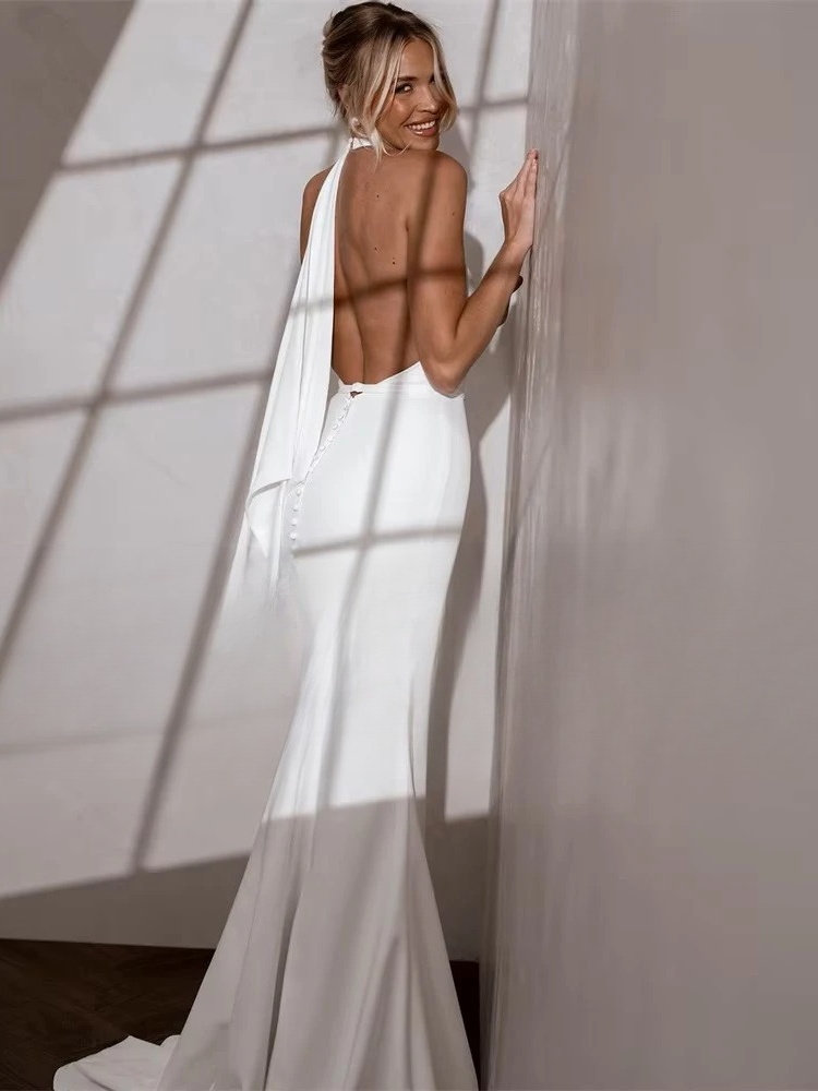 Elegant Mermaid Wedding Dress V-Neck Halter Open Back Simple Buttons Pleat Bridal Gown Sweep Train Vestidos De Noiva Customized 3 Elegant Mermaid Wedding Dress V-Neck Halter Open Back Simple Buttons Pleat Bridal Gown Sweep Train Vestidos De Noiva Customized - Bild 3
