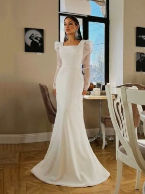 SoDigne Classic Satin Wedding Dresses Mermaid Puff Sleeves Square Neck Bridal Gown With Button Wedding Party Dress
