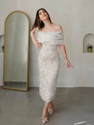 Alternative view of Modern Mermaid Lace Appliques Wedding Dress Elegant Boat Neck Sleeveless Pleated Off Shoulder Backless Short Gowns Customized