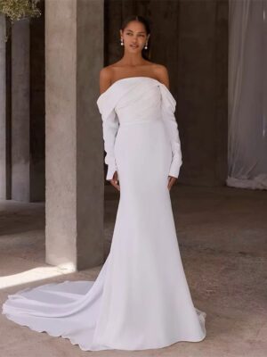 BIGDAY Long Sleeve Off The Shoulder Strapless Pleat Wedding Dress Open Back Sweep Train Bridal Gown Vestido De Noiva Customized