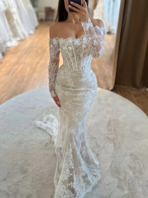 Alternative view of SoDigne Mermaid Lace Wedding Dresses Off Shoulder Long Sleeves Bridal Dress Boho Wedding Gown Robe De Mairee ﻿Customized