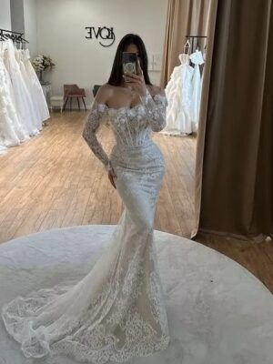 SoDigne Mermaid Lace Wedding Dresses Off Shoulder Long Sleeves Bridal Dress Boho Wedding Gown Robe De Mairee ﻿Customized