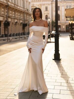 SoDigne Elegant Wedding Dresses Off Shoulder Long Sleeves Mermaid Satin Bride Dress vestidos de novia Satin Simple Party Gown