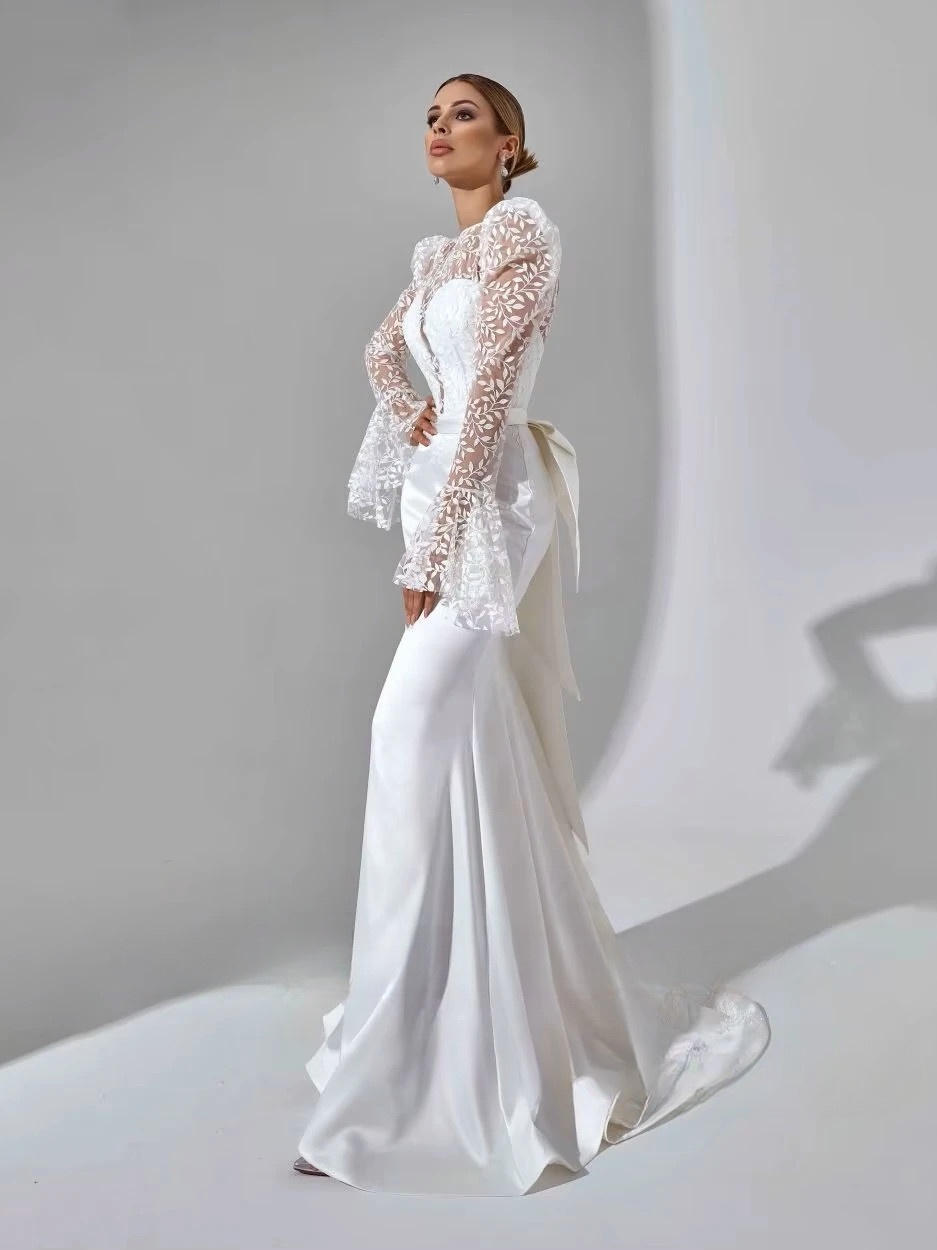 SoDigne Mermaid Satin Bride Dresses Appliques Full Sleeves Wedding Dress Long Bridal Gowns with Bow Robe De Mairee Customized 2 SoDigne Mermaid Satin Bride Dresses Appliques Full Sleeves Wedding Dress Long Bridal Gowns with Bow Robe De Mairee Customized - Bild 2