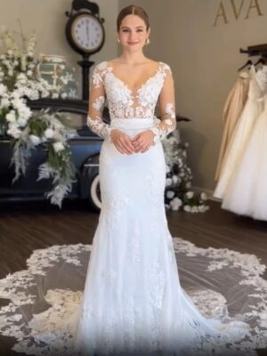 Alternative view of SoDigne Mermaid Boho Wedding Dresses V-neck Full Sleeves Tulle Appliques Bridal Dress Wedding Gown Robe De Mairee ﻿Customized