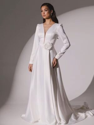 SoDigne A-line Elegant Wedding Dresses V-neck Full Sleeves Stain Bridal Dress Long Bridal Gown vestidos de novia 2025 Customized