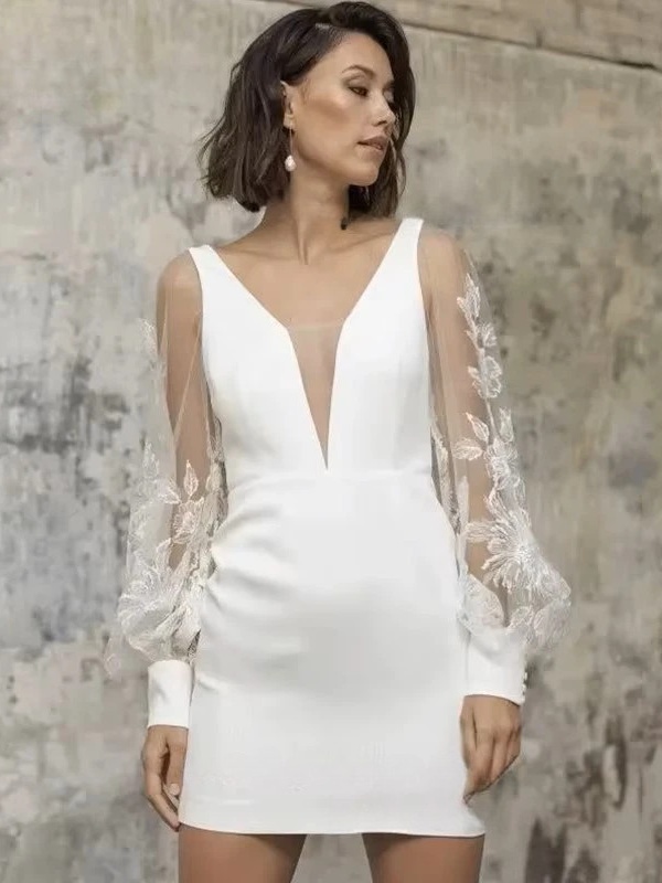 Simple Short Satin Wedding Dress Sexy V-neck Lace Illusion Long Sleeves Backless Formal Pleat Bridal Growns Vestidos Customized 3 Simple Short Satin Wedding Dress Sexy V-neck Lace Illusion Long Sleeves Backless Formal Pleat Bridal Growns Vestidos Customized - Bild 3