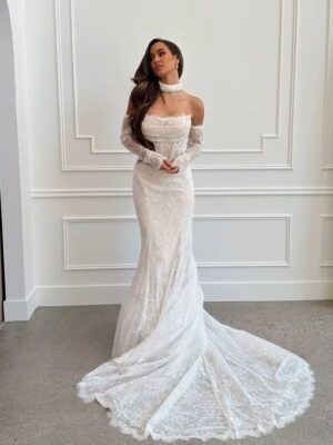 Alternative view of SoDigne Mermaid Lace Beach Wedding Dresses Strapless Detachable Sleeves Bridal Dress Customized Women Long Wedding Gown